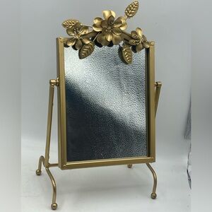 Brass Metal Tilt Stand Vanity Mirror with Decorative Floral & Leaf Motif Accent